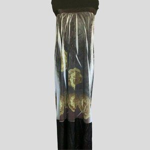 Long Strapless Dress Brown‎ Gold Satin Elastic Top Hem Geo Floral Size L NWT